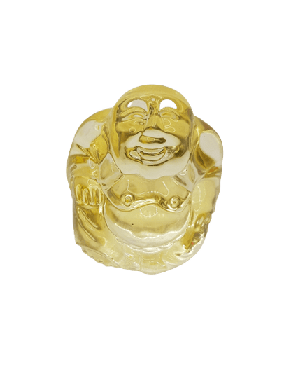Bouddha en verre jaune, porte-bonheur joie et optimisme décoratif