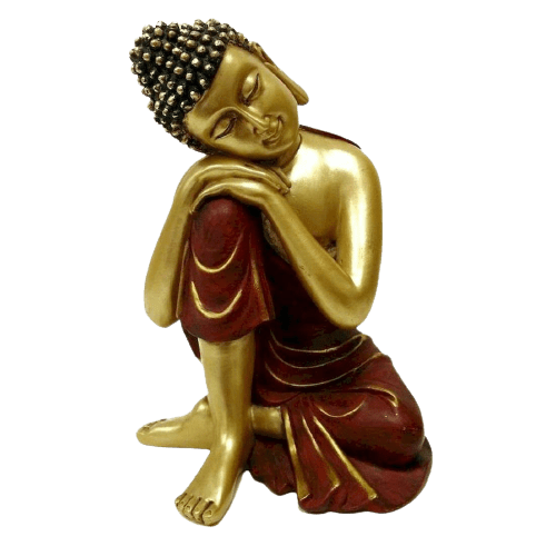 Bouddha Thai rouge et or, Tête sur genou