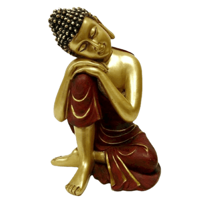 Bouddha thaïlandais rouge et or tête sur genou, statue contemplation sacrée décorative